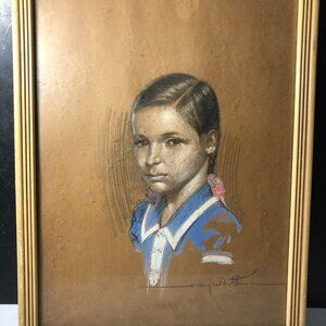 Vintage 1940's Original Pastel Portrait by HARRY WORTHMAN of a Young Girl